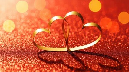 Two intertwined golden hearts on a sparkling red background with bokeh lights love romance