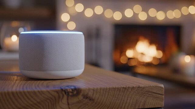 White smart speaker on wooden table in cozy festive style