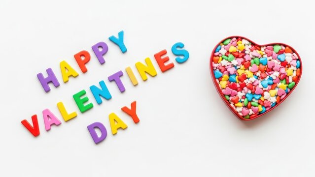 Colorful letters spell Happy Valentines Day next to heart shaped candy hearts sprinkles