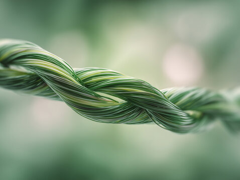 Twisted strand of green fibers resembling braided grass against soft light, symbolizing Earth Day connection, resilience and the strength of woven natural communities