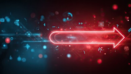 Digital abstraction featuring a glowing neon arrow on a gradient background