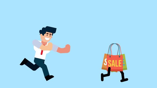 A businessman runs after a walking shopping bag with a "SALE" sign, symbolizing the pursuit of discounts, shopping, or special offers, on a blue background.

