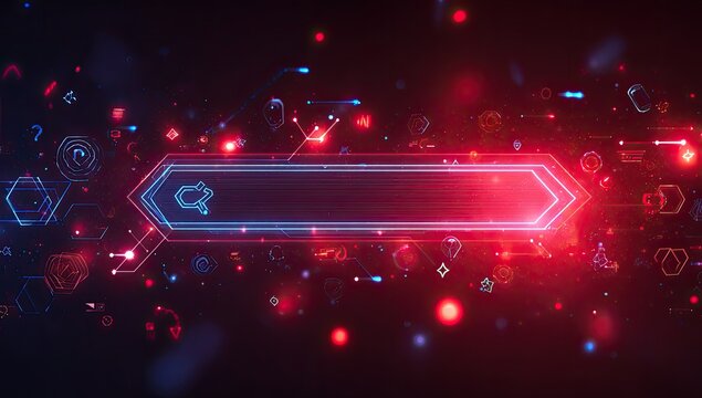 Futuristic digital user interface design with glowing elements, circuit-like shapes, and red/blue hues - Powered by Adobe