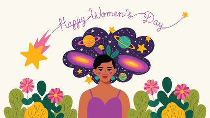Happy womens day illustration of a woman with cosmic thoughts and floral elements celebrating equality and empowerment
