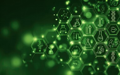 Glowing green digital illustration of honeycomb-shaped cells with science-related icons