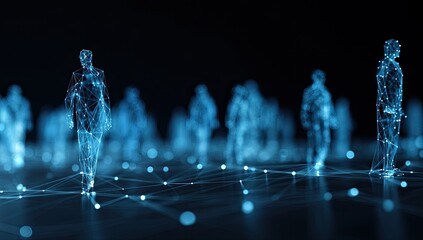 Digitally rendered figures depicted with connected dots, standing, glowing against dark