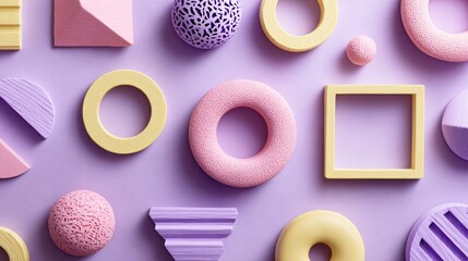 Flat lay of modern geometric ornaments on pastel lilac, airy spacing with bottom copy space
