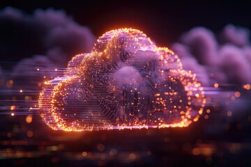 Glowing digital cloud structure with circuits and data streams, set against a dark, foggy background