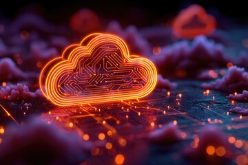 Glowing cloud with circuit board design amidst stylized clouds, evoking digital data