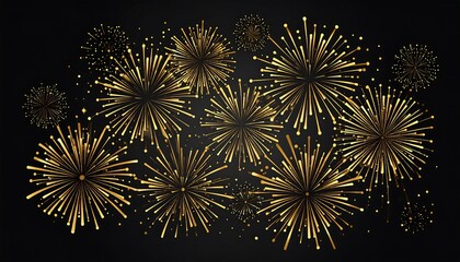 Festive, bright gold fireworks illuminate against a dark night sky in a vector image with a holiday feel