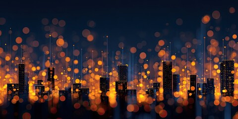 Silhouette city skyline at night with blurred bokeh lights and vertical lines