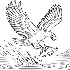 Black vector silhouette of an eagle in flight with wings and feathers, a symbol of freedom and wildlife illustration