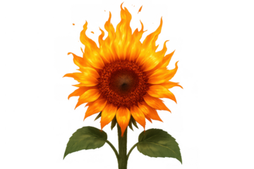 Sunflower head burning with orange and yellow flames, illuminating the petals and symbolizing passion, energy, and warmth