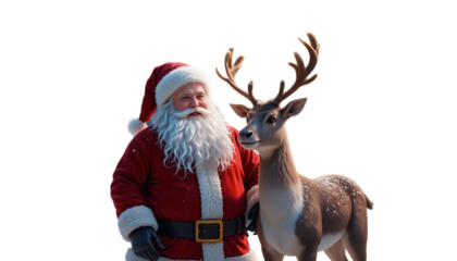 Santa claus and a majestic reindeer stand together against a dark background evoking the magic of christmas and winter holidays