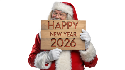 Jolly santa claus wishes everyone a happy new year 2026 with a rustic wooden sign against a dark background
