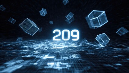 Neon blue digital number "209" surrounded by floating, geometric cubes on a textured surface