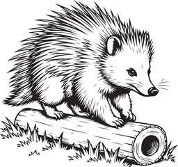 Cute black and white hand drawn sketch illustration of a sitting wild mammal hedgehog isolated on white with shaggy fur