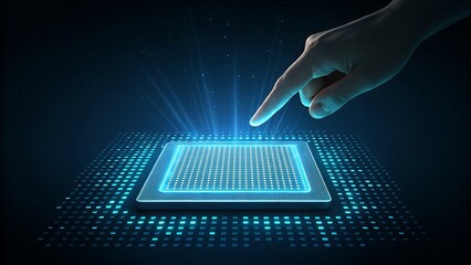 Hand activating glowing futuristic digital interface with blue light energy burst