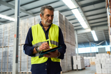 Warehouse supervisor managing inventory and logistics checking data