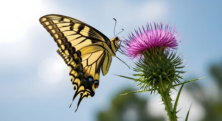 Yellow Swallowtail butterfly collecting nectar from bright purple thistle blossom