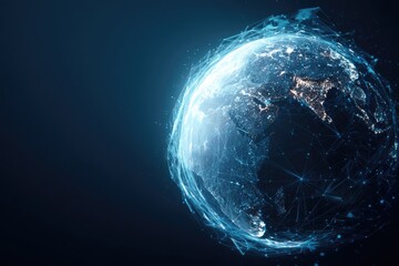 Digitally rendered Earth globe with illuminating network, set against a dark blue background