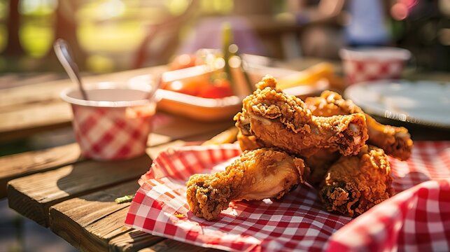 Crispy fried chicken drumsticks on picnic table with golden breading and seasoning