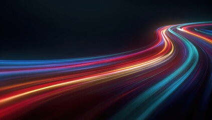Abstract long exposure of colorful light trails against a dark background, curved and flowing
