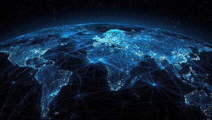 Glowing digital representation of Earth with interconnected network lines overlay