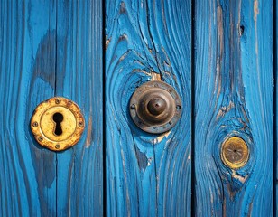 Rustic blue wooden door with aged metal fixtures, a symbol of heritage