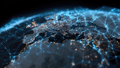 Illuminated globe showing data flow across Europe, with interconnected lines and glowing nodes