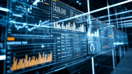 Detailed view of a modern data analysis interface with charts and graphs, depicting business and finance. The interface glows with neon blue hues, suggesting complex financial information