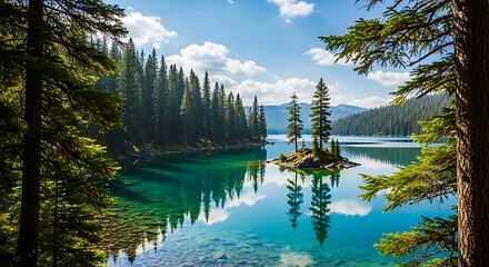 Tranquil turquoise lake surrounded by lush green pine forest under a clear blue sky with fluffy clouds.