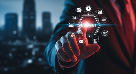 Businessman touching a glowing digital interface with network and business icon connections in a modern city setting