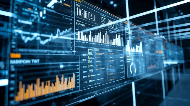 Detailed view of a modern data analysis interface with charts and graphs, depicting business and finance. The interface glows with neon blue hues, suggesting complex financial information