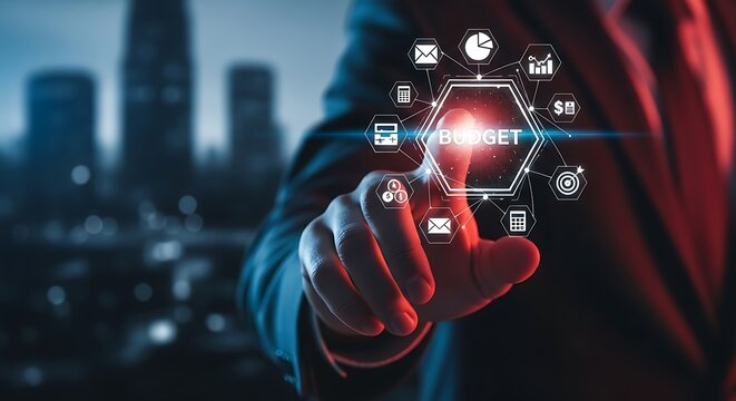 Businessman touching a glowing digital interface with network and business icon connections in a modern city setting