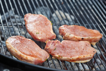 Grilling seasoned pork chops on hot charcoal barbecue