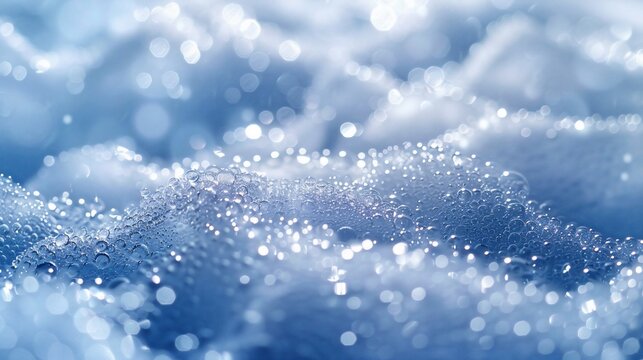 Sparkling soapy bubbles closeup, textured surface, bright background, cleaning concept