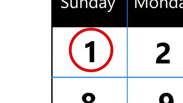 Calendar of march month 1st day is red circled,looped animation.A very important date in the calendar.Signing a day on a calendar.
