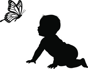 Silhouette of crawling baby watching butterfly, infant interaction vector art, cute black baby design, child curiosity moment illustration