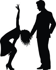 Silhouette of dancing couple, woman in dynamic pose with raised arm, man in suit, elegant romantic dance scene