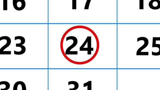 Calendar of march month 24th day is red circled,looped animation.A very important date in the calendar.Signing a day on a calendar.