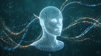 Digital Human Head Mesh with Futuristic Abstract Neural Network and Data Flow