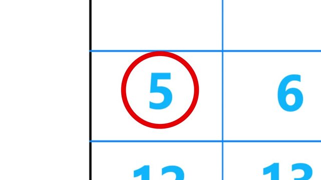 Calendar of april month 5th day is red circled,looped animation.A very important date in the calendar.Signing a day on a calendar.