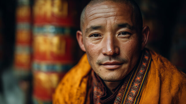 A serene portrait of a Tibetan monk in Nepal during Gyalpo Losar. The image captures the essence of devotion, with focus on the man's contemplative expression and cultural attire, reflecting tradition