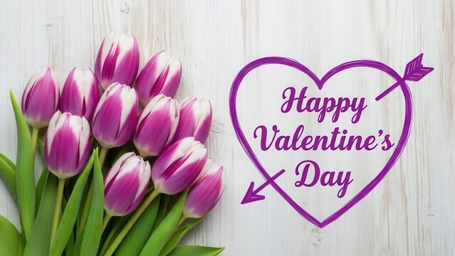 Pink and white tulips with purple heart and arrow Happy Valentines Day text flowers