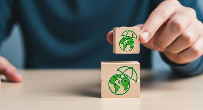 Hand placing small wooden block with earth and umbrella icon on larger block symbolizing environmental protection and sustainability concept - Powered by Adobe