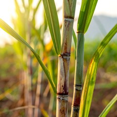Fototapeta premium Close-up of sugarcane stalks with leaves and bright sunlight