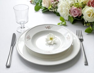 Elegant table setting with floral arrangements featuring white dishes and silverware on a clean white tablecloth