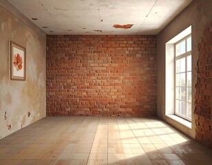 Rustic interior with exposed brick wall, wooden floor and light streaming window