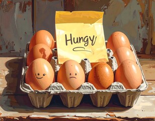 Eggs in a carton with "Hungy" note, one egg with a smile, one sad, creating a whimsical, food-themed image